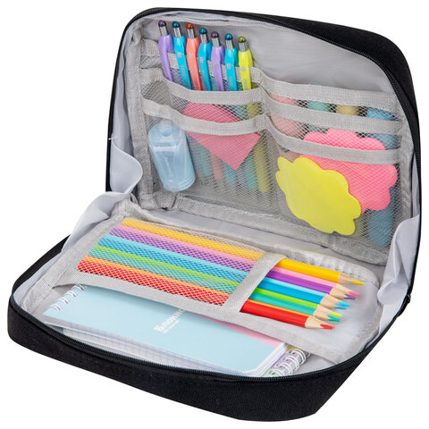 Пенал-органайзер BRAUBERG, 1 отделение, С НАКЛЕЙКАМИ, молния вокруг, канвас, 22x15х6 см, черный, 273596