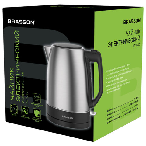 Чайник BRASSON (БРАССОН) KT-040, 1,7 л, 2200 Вт, индикатор уровня воды, сталь, черный, 455192