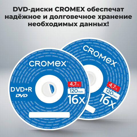 Диски DVD+R (плюс) CROMEX, 4,7 Gb, 16x, Cake Box (упаковка на шпиле), КОМПЛЕКТ 50 шт., 513775