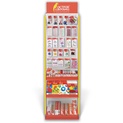 Стойка для размещения товара напольная ОСТРОВ СОКРОВИЩ, 2050x600x500 мм, 25 крючков, 3 полки, металл, 504877