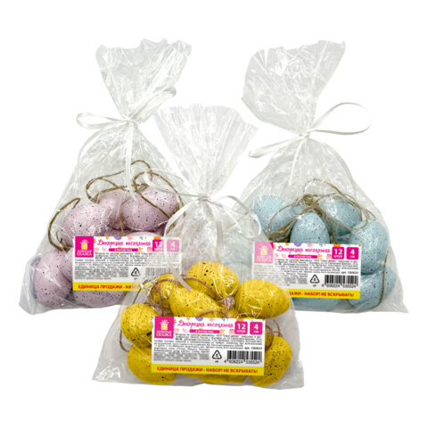 Декорация пасхальная 4 см "Яйца" КОМПЛЕКТ 12 шт., пластик, 3 дизайна ассорти, ЗОЛОТАЯ СКАЗКА, 592633