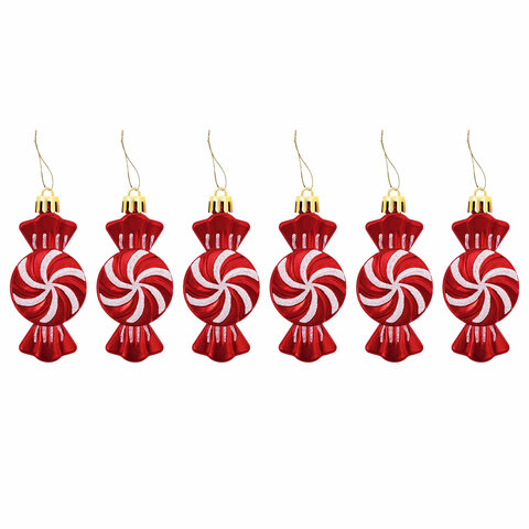 Украшение ёлочное "Конфетки", 6 шт., 8х4 см, пластик, цвет: красный/белый, ЗОЛОТАЯ СКАЗКА, 592002