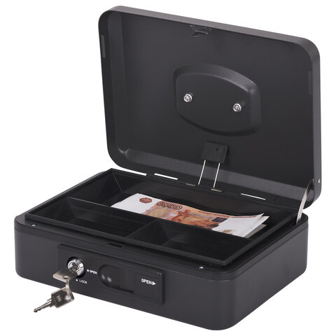 Ящик для денег, ценностей, документов, печатей, 90х180х250 мм, ключевой замок и автолок, черный, BRAUBERG, 291353