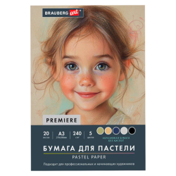 Бумага для пастели АБРАЗИВНАЯ А3 в папке, 20 листов, 5 цветов, 240 г/м2, BRAUBERG ART, 117764