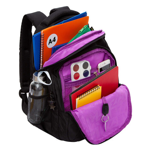 Рюкзак GRIZZLY школьный, анатомическая спинка, 3 отделения, для девочек, "GOLDEN&BLACK", 40х27х20 см, RG-561-2/1