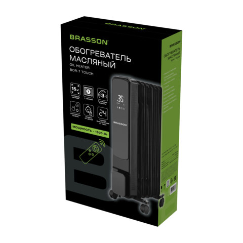 Обогреватель масляный BRASSON BOR-7 TOUCH, 7 секций, 1500 Вт, 3 режима, сенсор, пульт ДУ, черный, 457777