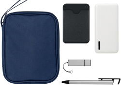 Тревел-набор с флешкой, повербанком и ручкой, Цвет темно-синий, серебристый, белый