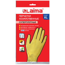 Перчатки МНОГОРАЗОВЫЕ латексные LAIMA "ПРЕМИУМ", х/б напыление, СВЕРХПЛОТНЫЕ, размер XL (очень большой), желтые, вес 70 г, 600781