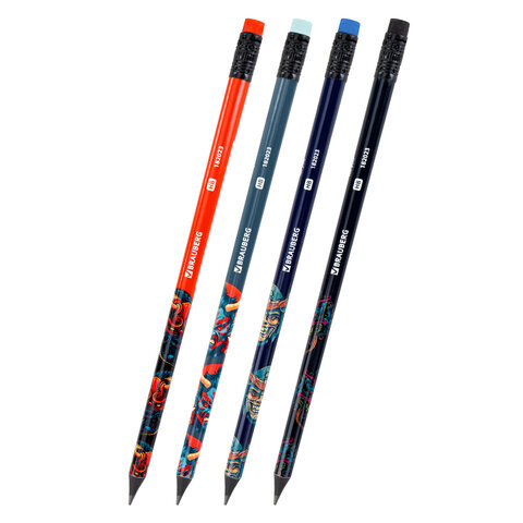 Карандаш чернографитный с принтом BRAUBERG "ONI", 1 шт., HB, с ластиком, корпус ассорти, 182023