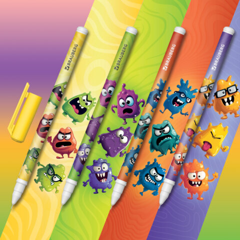 Ручка гелевая, кросс-серия "МОНСТРИКИ", BRAUBERG, СИНЯЯ, корпус ассорти, игольчатый наконечник 0,5 мм, линия письма 0,3 мм,144483