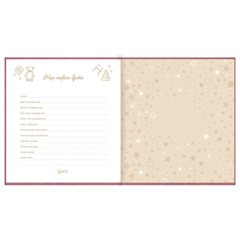 Фотоальбом-анкета детский 23х25 см, 32 листа, стикеры, открытка, конверт, розовый бархат, BRAUBERG, 391419