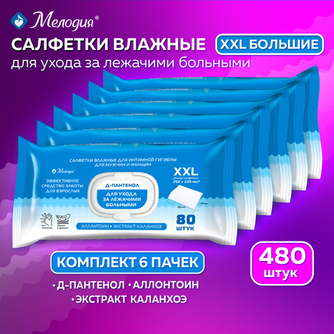 Салфетки влажные для интимной гигиены КОМПЛЕКТ (6 пачек х 80 шт.), 220х250 мм, Д-пантенол, МЕЛОДИЯ, 116528