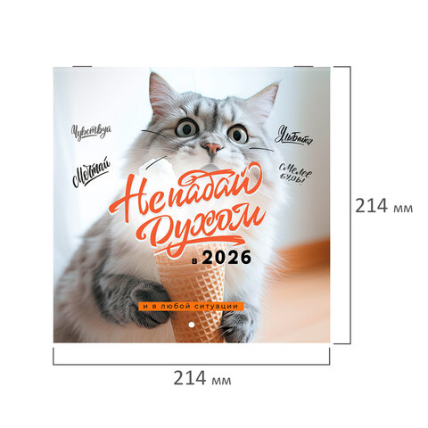 Календарь настенный перекидной 2026 г., BRAUBERG, 12 листов, 21,4х21,4 см, МИНИ, "Не падай духом", 116942