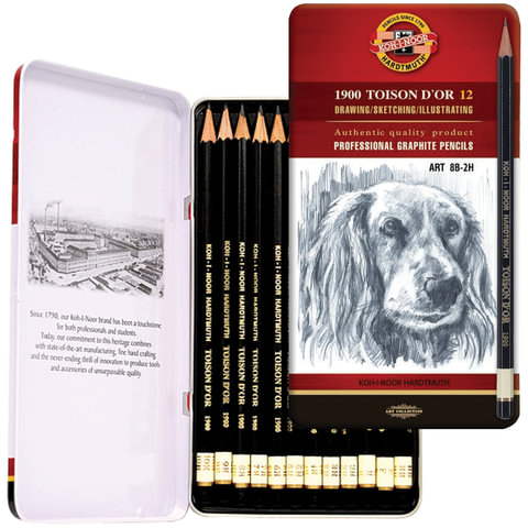 Карандаши чернографитные KOH-I-NOOR "Toison D'or", НАБОР 12 шт., 8B-2H, металлическая коробка, 1912012001PL, 1912012001PLRU