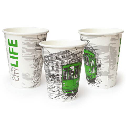 Стакан одноразовый бумажный 300/360 мл, D 90 мм, с печатью "ГОРОД", КОМПЛЕКТ 50 шт., холодное/горячее, WELDAY (ВЭЛДЭЙ), 702696
