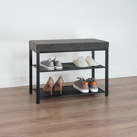 Банкетка для обуви "Торонто-23S", 670х300х490 мм, 2 полки, металл/ткань, черная/серая, БТ23СЧС