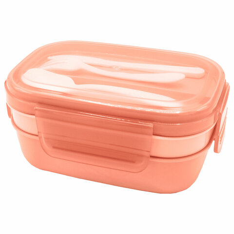 Ланч-бокс контейнер 3 секции 8 отделений 1,9л ложка, вилка, нож 10х21х14см персиковый JOYLUX, 609351