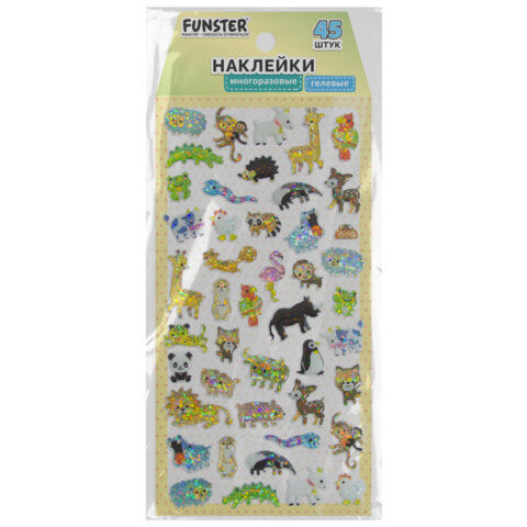 Наклейки гелевые "Зверушки", 17,5х9 см, ассорти 4 вида, FUNSTER (ФАНСТЕР), 666095