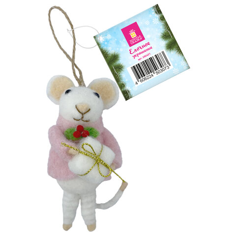 Украшение ёлочное (1шт) "Мышка", 6х5х13 см, фетр, хлопок, ассорти 4 дизайна, ЗОЛОТАЯ СКАЗКА, 592422