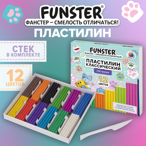 Пластилин классический, кросс-серия "КОШАЧЬИ ЛАПКИ", 12 цветов, 240 г, СТЕК, ВЫСШЕЕ КАЧЕСТВО, FUNSTER (ФАНСТЕР), 107521