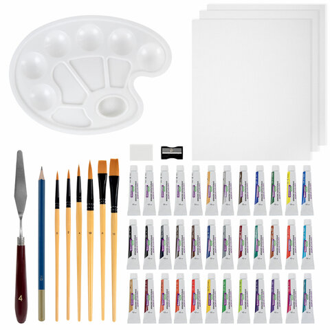 Краски акриловые художественные 36 шт. по 12 мл, холсты 3 шт., кисти 6 шт., аксессуары, 50 предметов, BRAUBERG HOBBY, 192545