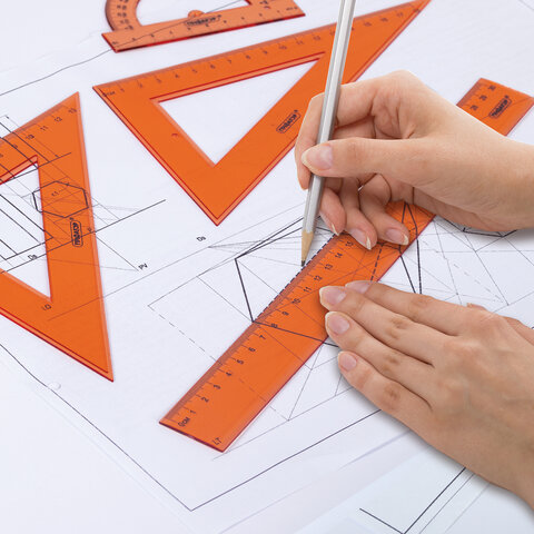 Набор чертежный большой ПИФАГОР (линейка 30 см, 2 треугольника, транспортир), прозрачный, неоновый, ассорти, 210856