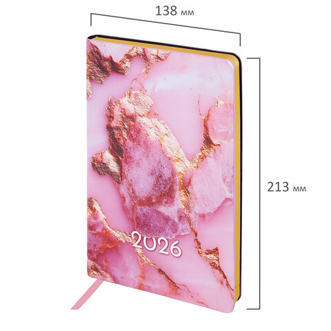 Ежедневник датированный 2026 А5 138x213 мм, BRAUBERG "Vista", под кожу, гибкий, "Pink marble", 117446