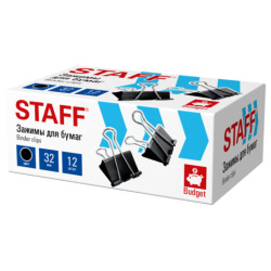 Зажимы для бумаг STAFF ECO, КОМПЛЕКТ 12 шт., 32 мм, на 140 листов, черные, картонная коробка, 274033