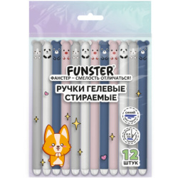 Ручки гелевые стираемые FUNSTER (ФАНСТЕР) "CUTE ANIMALS", СИНИЕ, НАБОР 12 ШТ., корпус soft-touch, узел 0,5 мм, линия письма 0,35 мм, 144435