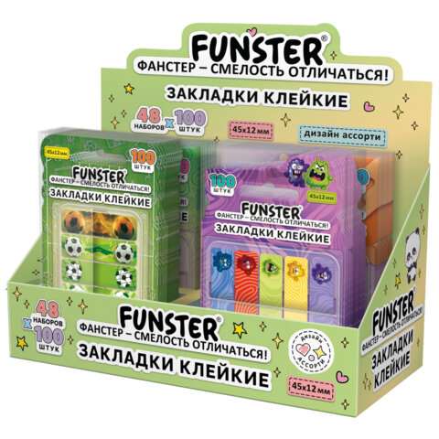Закладки клейкие Z-сложения FUNSTER (ФАНСТЕР) "Ассорти", 45х12 мм, 100 шт., (5 цветов х 20 листов), в диспенсере, 116705