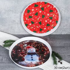 Поднос круглый 30 см набор 2 штуки Красный и Снеговик / X30 /уп / Новогодний