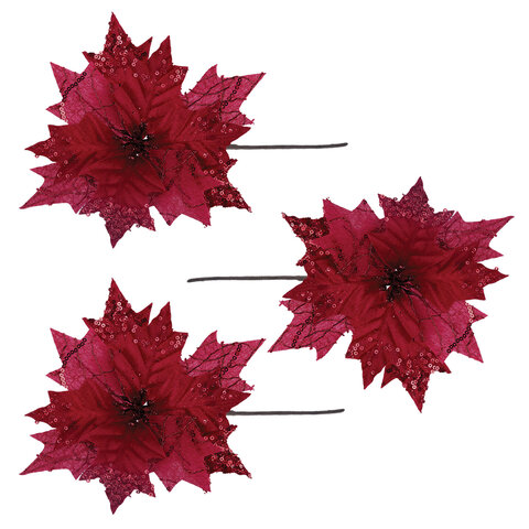Украшение елочное КОМПЛЕКТ 3 шт., "Цветок", диаметр 22 см, длина 20 см, красный, ЗОЛОТАЯ СКАЗКА, 592419