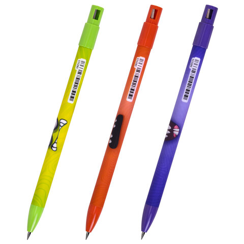 Карандаш механический цанговый 2 мм, с принтом кросс-серия МОНСТРИКИ, BRAUBERG, HB, встроенная точилка, корпус ассорти, 182111