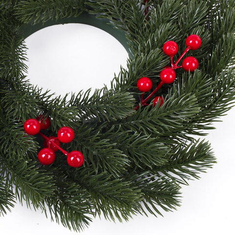 Венок новогодний, диаметр 42 см "Красные ягодки", с декором, литой ПЭТ, ЗОЛОТАЯ СКАЗКА, 592517