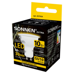 Лампа светодиодная SONNEN EXTRA, 10 (90) Вт, GU10, софит, теплый белый, 30000 ч, LED MR16-GU10-10W-2700, 457926