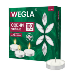 Свечи чайные литые в гильзе WEGLA (ВЕГЛА) EXTRA, до 4 часов горения, вес 10 грамм, КОМПЛЕКТ 100 штук, 702572