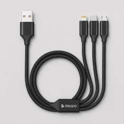 Дата-кабель 3 в 1: micro USB, USB-C, Ligthning, алюминий, 1.2м, Цвет черный