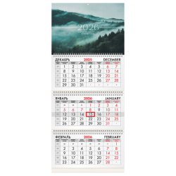 Календарь квартальный на 2026 г., 3 блока, 3 гребня, бегунок, мелованная бумага, BRAUBERG, "Туманный лес", 116808