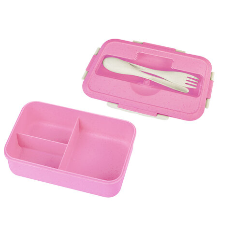 Ланч-бокс контейнер, 1 секция, 3 отделения, 1,4 л, ложка, вилка, 8х21х14 см, розовый, JOYLUX ECO, 609345