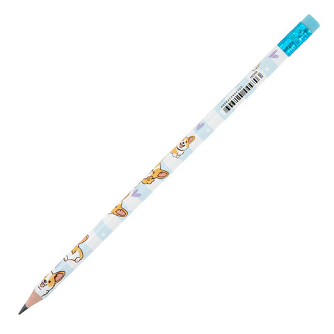 Карандаш чернографитный с принтом ЮНЛАНДИЯ КОРГИ, 1 шт., HB, с ластиком, корпус ассорти, 182009