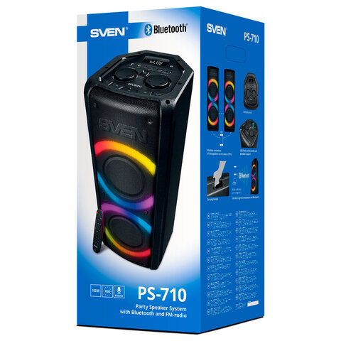 Колонка портативная SVEN PS-710, 100 Вт, TWS, Bluetooth, FM, USB, microSD, LED-дисп, черн, SV-021696