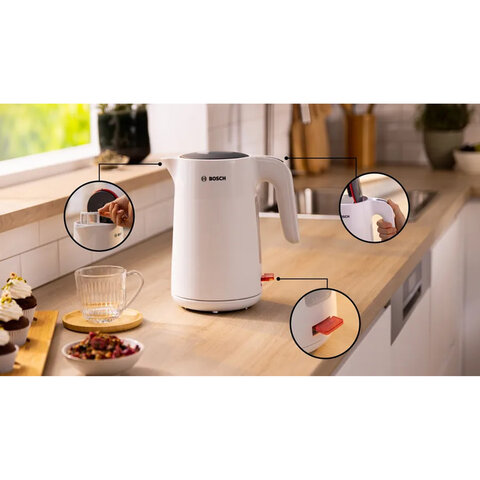 Чайник BOSCH TWK2M161, 1,7 л, 2400 Вт, закрытый нагревательный элемент, пластик, белый