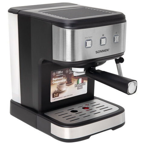 Кофеварка рожковая ручной капучинатор SONNEN CM8501, 1100 Вт, 1,5 л, 15 бар, черная/серебро, 456335