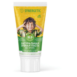 Зубная паста детская 50 г SYNERGETIC, клубничка и банан, от 3 до 6 лет (желтая), 201009