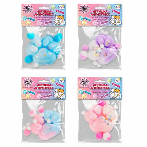 Игрушка-антистресс "ЦВЕТНАЯ КОШАЧЬЯ ЛАПКА С ПОМПОНАМИ", 7х6 см, ассорти 4 вида, дисплей, JOLLY JOT (ДЖОЛЛИ ДЖОТ), 665770