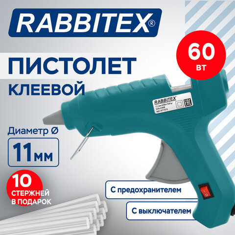Клеевой пистолет 60 Вт, 11 мм (предохранитель, антикапля, индикатор), 10 стержней, зеленый, RABBITEХ (РАББИТЕКС), 671472