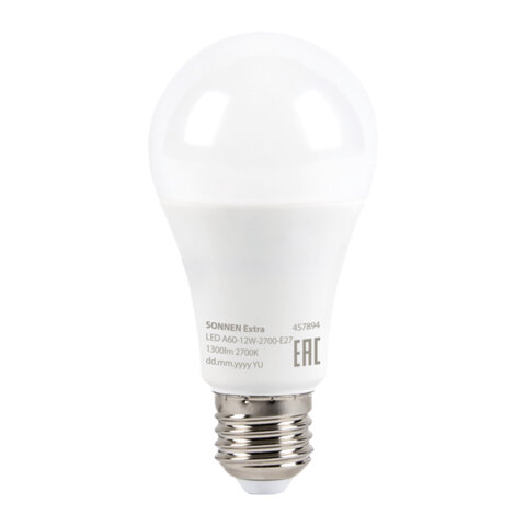 Лампа светодиодная SONNEN EXTRA, 12 (100) Вт, Е27, груша, теплый белый, 30000 ч, LED A60-12W-2700-Е27, 457894