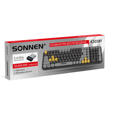 Клавиатура беспроводная USB, 105 клавиш, SONNEN K303BY, черная/серая/желтая, 513952