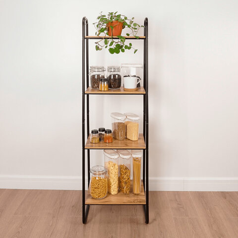 Стеллаж на металлокаркасе "Скандинавия-14", 450х385х1470 мм, 4 полки ЛДСП, черный/дуб, CТCП14 Ч