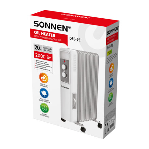 Обогреватель масляный SONNEN DFS-9E, 9 секций, 2000 Вт, 3 режима, механическое управление, белый, 457780
